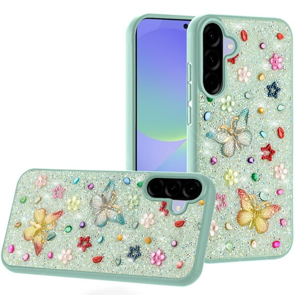 For Samsung Galaxy A36 / A56 Butterfly Ornaments Diamond Bling Glitter Hybrid Case - Teal
