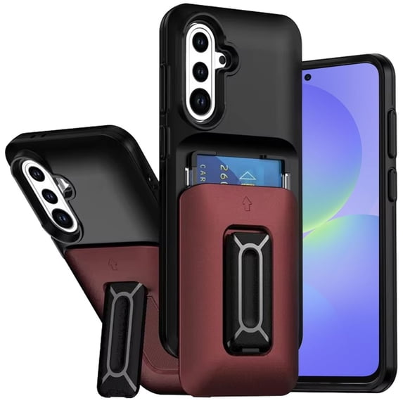 For Samsung Galaxy A36 / A56 Card Holder (2X) with Wrist Strap Hybrid With KickStand - Black+Red