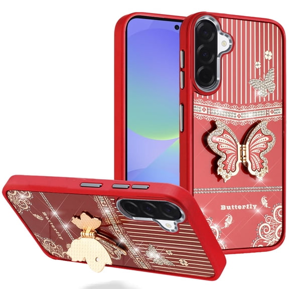 For Samsung Galaxy A36 / A56 Splendid Glitter Butterfly Design Stand with Metallic Edges Hybrid Case - Red