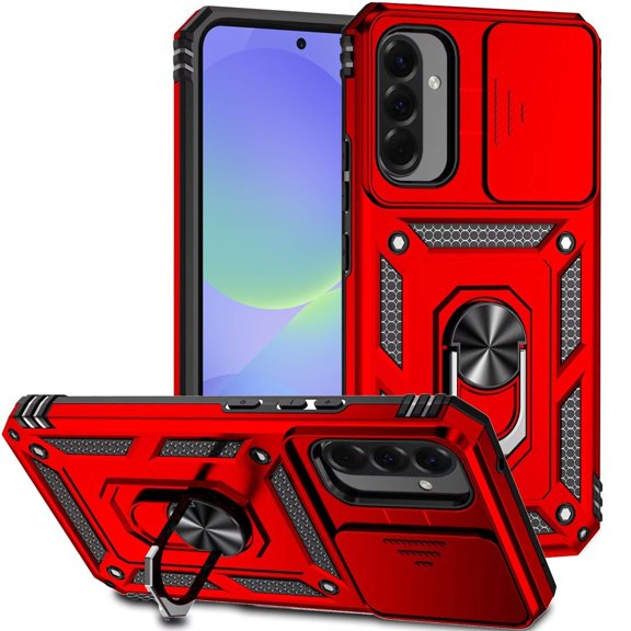 For Samsung Galaxy A37 SM-A376V Camera Push Ring Kickstand Hybrid Cell Phone Cover Case - CP Red
