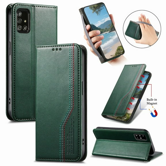 For Samsung Galaxy A51 5G 6.5-inch Case,Elastic Wristband Magnetic Suction Closure Flip Stand Wallet Leather Phone Case,Green