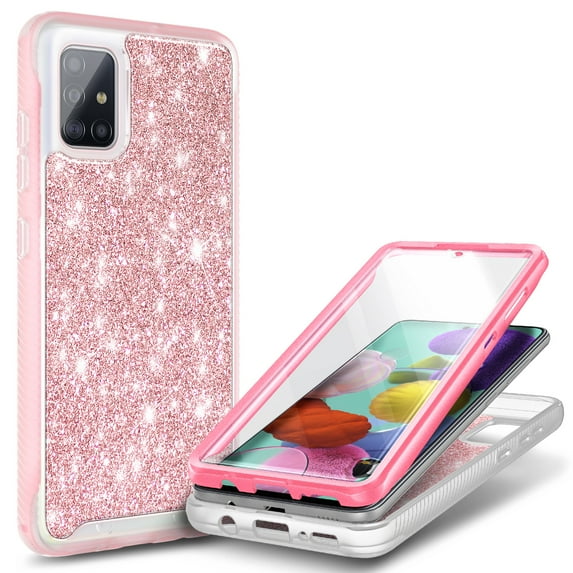 For Samsung Galaxy A51 5G Case, with Built-in Screen Protector, Nagebee Full-Body Protective Rugged Bumper Cover, Shockproof Durable Case (Pink Glitter)