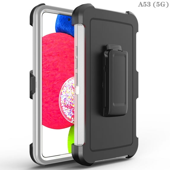 For Samsung Galaxy A53 5G / SM-A536 Heavy Duty Shockproof Armor Protective Hybrid Case Cover With Clip Gray/White