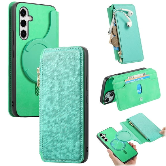 For Samsung Galaxy A54 5G Case with RFID Blocking Card Holder for Women Men,Compatible with MagSafe,Detachable Wallet 2 in 1 PU Leather Magnetic Snap Flip Kickstand Zipper Pouch Phone Case,Green