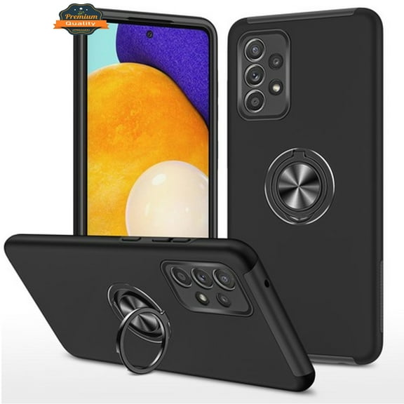 For Samsung Galaxy A54 Hybrid Military Grade with Flat Metal Ring Stand 360° Rotation Kickstand Hard PC Back Slim Fit Phone Case Cover by Xpression - Black