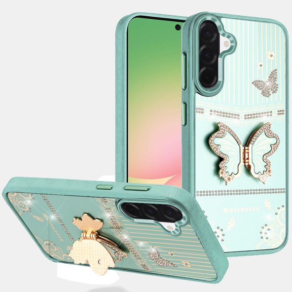 For Samsung Galaxy A57 Splendid Glitter Butterfly Design Stand with Metallic Edges Hybrid Case - Teal
