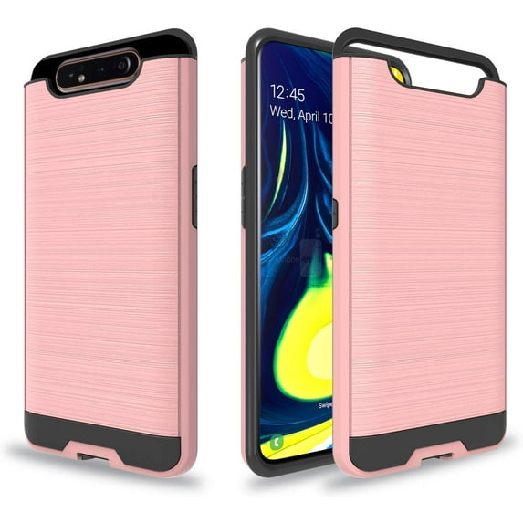For Samsung Galaxy A80 / A90 Dual layer Metal Brushed W. Card Holder Shockproof Armor Hybrid Case Cover Rose Gold