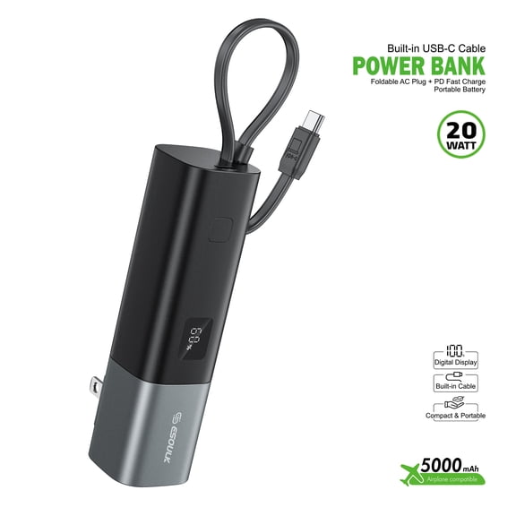 For Samsung Galaxy F13 5000mAh PD 20W Built-in Foldable AC Wall Plug and USB Portable Power Bank Charger