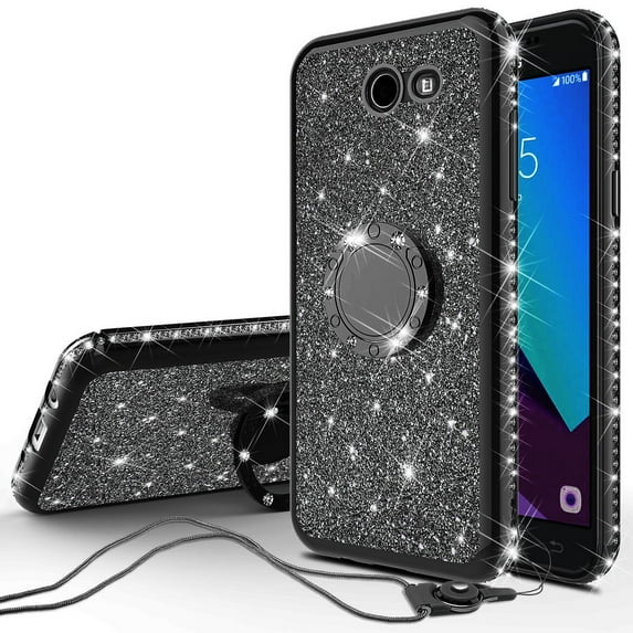 For Samsung Galaxy J3 2018/J3 Star/J3 Achieve/J3v 3rd Gen/Express Prime 3 Case, Cute Glitter Bling Phone Case with Ring Kickstand, Sparkly Clear Case for Girl Women - Black
