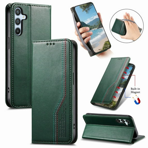 For Samsung Galaxy M15 5G 6.5-inch Case,Elastic Wristband Magnetic Suction Closure Flip Stand Wallet Leather Phone Case,Green