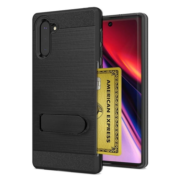 For Samsung Galaxy Note 10 Brushed Shockproof With Kickstand Card Slot Holder Case Cover Black