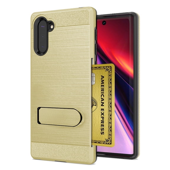 For Samsung Galaxy Note 10 Brushed Shockproof With Kickstand Card Slot Holder Case Cover Gold