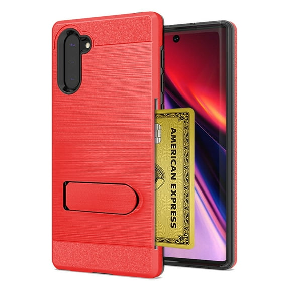 For Samsung Galaxy Note 10 Brushed Shockproof With Kickstand Card Slot Holder Case Cover Red