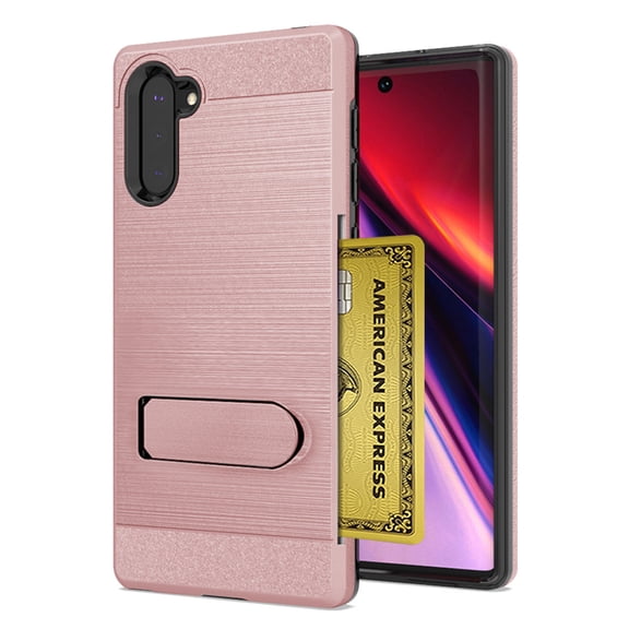 For Samsung Galaxy Note 10 Brushed Shockproof With Kickstand Card Slot Holder Case Cover Rose Gold