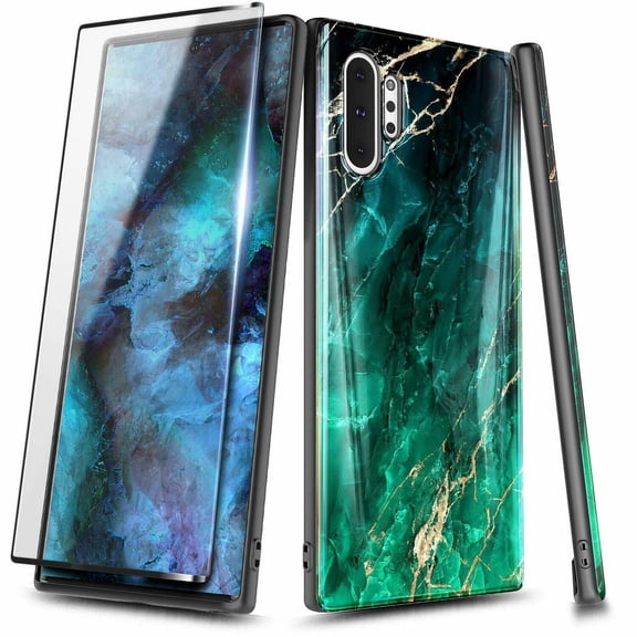 For Samsung Galaxy Note 10 Case, with HD Film Screen Protector (Full Coverage), Ultra Slim Thin Glossy Stylish, Gold Glitter Marble Design Phone Cover - Emerald