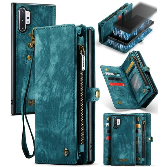For Samsung Galaxy Note 10 Plus Wallet Case,Multi-Functional Retro Leather Purse Flip Cover Zipper Wallet Case with Removable Card Slots Pocket & Detachable Wrist Strap Magnetic Phone Case, Green