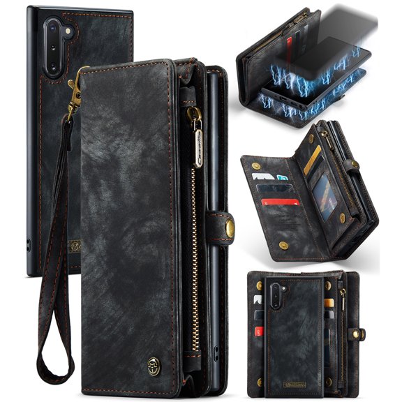 For Samsung Galaxy Note 10 Wallet Case,Multi-Functional Retro Leather Purse Flip Cover Zipper Wallet Case with Removable Card Slots Pocket & Detachable Wrist Strap Magnetic Phone Case, Black