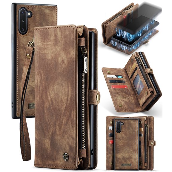 For Samsung Galaxy Note 10 Wallet Case,Multi-Functional Retro Leather Purse Flip Cover Zipper Wallet Case with Removable Card Slots Pocket & Detachable Wrist Strap Magnetic Phone Case, Darkbrown