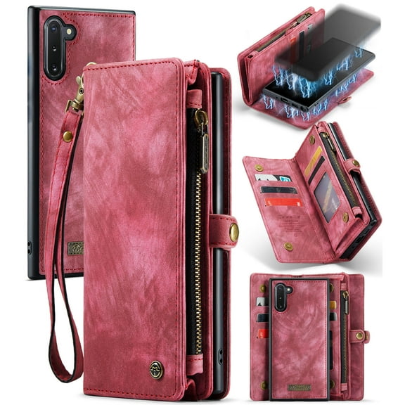 For Samsung Galaxy Note 10 Wallet Case,Multi-Functional Retro Leather Purse Flip Cover Zipper Wallet Case with Removable Card Slots Pocket & Detachable Wrist Strap Magnetic Phone Case, Red
