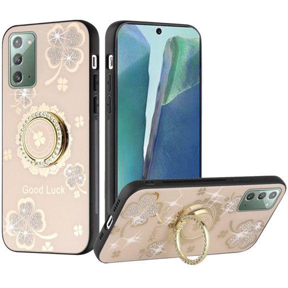 For Samsung Galaxy Note 20 Diamonds Bling Sparkly Glitter Ornaments Engraving with Ring Stand Holder Fashion Cover ,Xpm Phone Case [ Gold Good Luck Floral ]