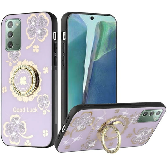 For Samsung Galaxy Note 20 Ultra Diamonds Bling Sparkly Glitter Ornaments Engraving with Ring Stand Fashion Cover ,Xpm Phone Case [ Purple Good Luck Floral ]