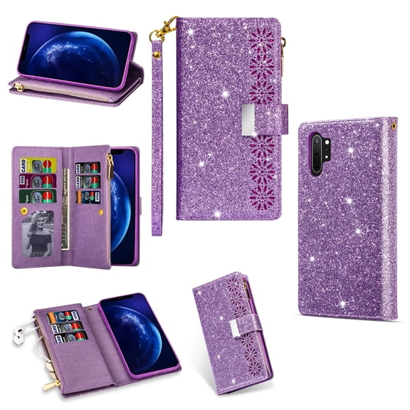 For Samsung Galaxy Note10+ Multi-card Slots Starry Sky Laser Carving Glitter Zipper Horizontal & &