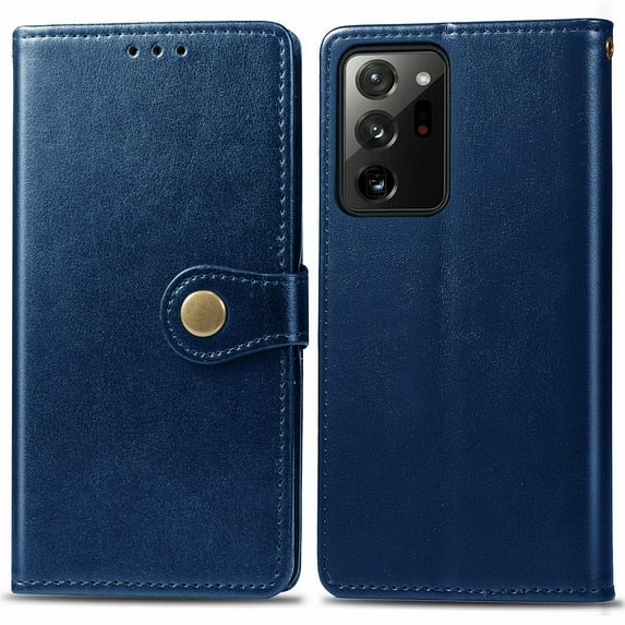 For Samsung Galaxy Note20 5G Shockproof Flip Stand Leather Wallet Pouch with Metal Button Case Cover Blue