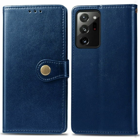 For Samsung Galaxy Note20 Ultra 5G Shockproof Flip Stand Leather Wallet Pouch with Metal Button Case Cover Blue