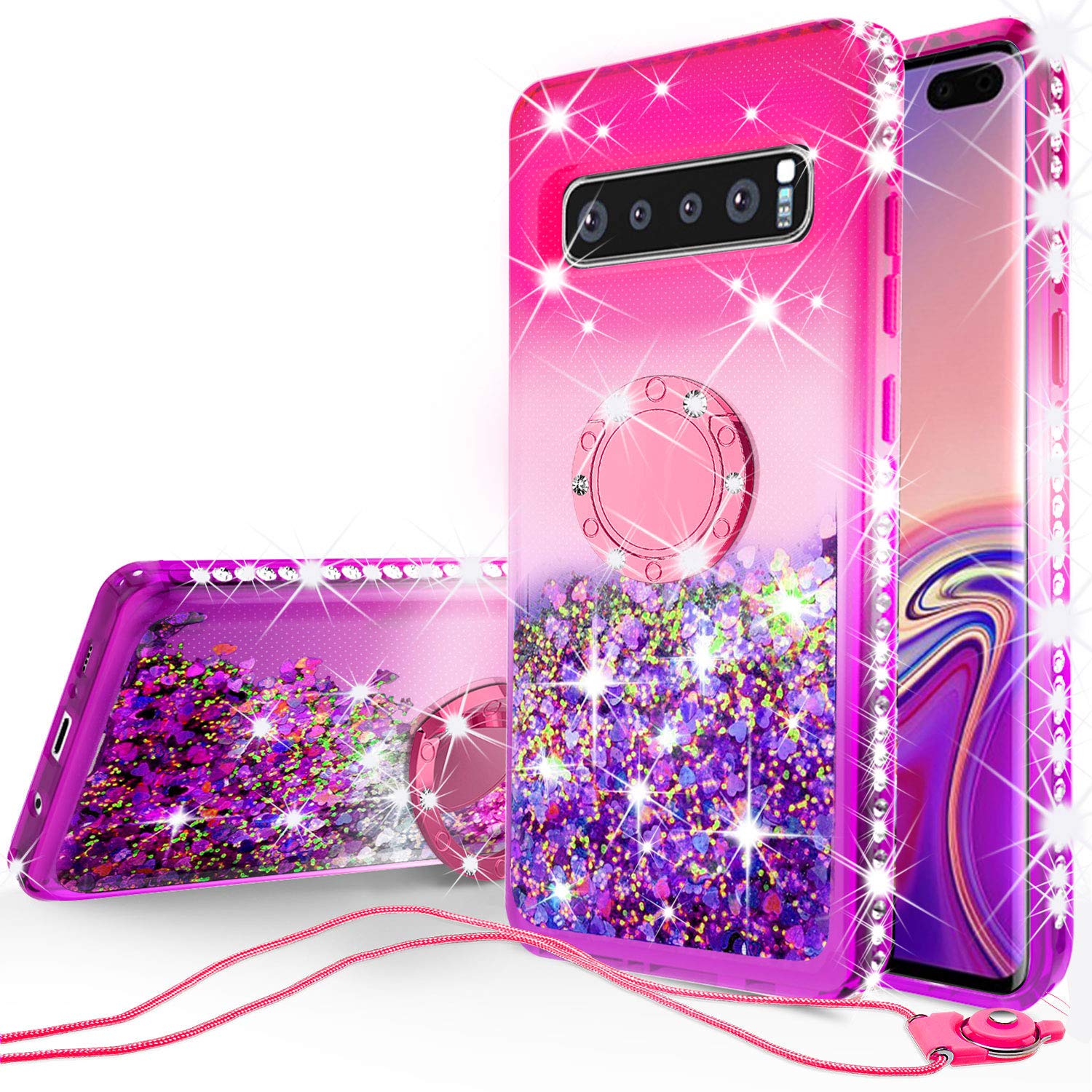 For Samsung Galaxy S10 Case,Ring Stand Glitter Liquid Quicksand Waterfall Floating Sparkle Shiny Bling Diamond Girls Cute Shock Proof Phone Case Cover for Galaxy S10 - Hot Pink/Blue - image 1 of 5
