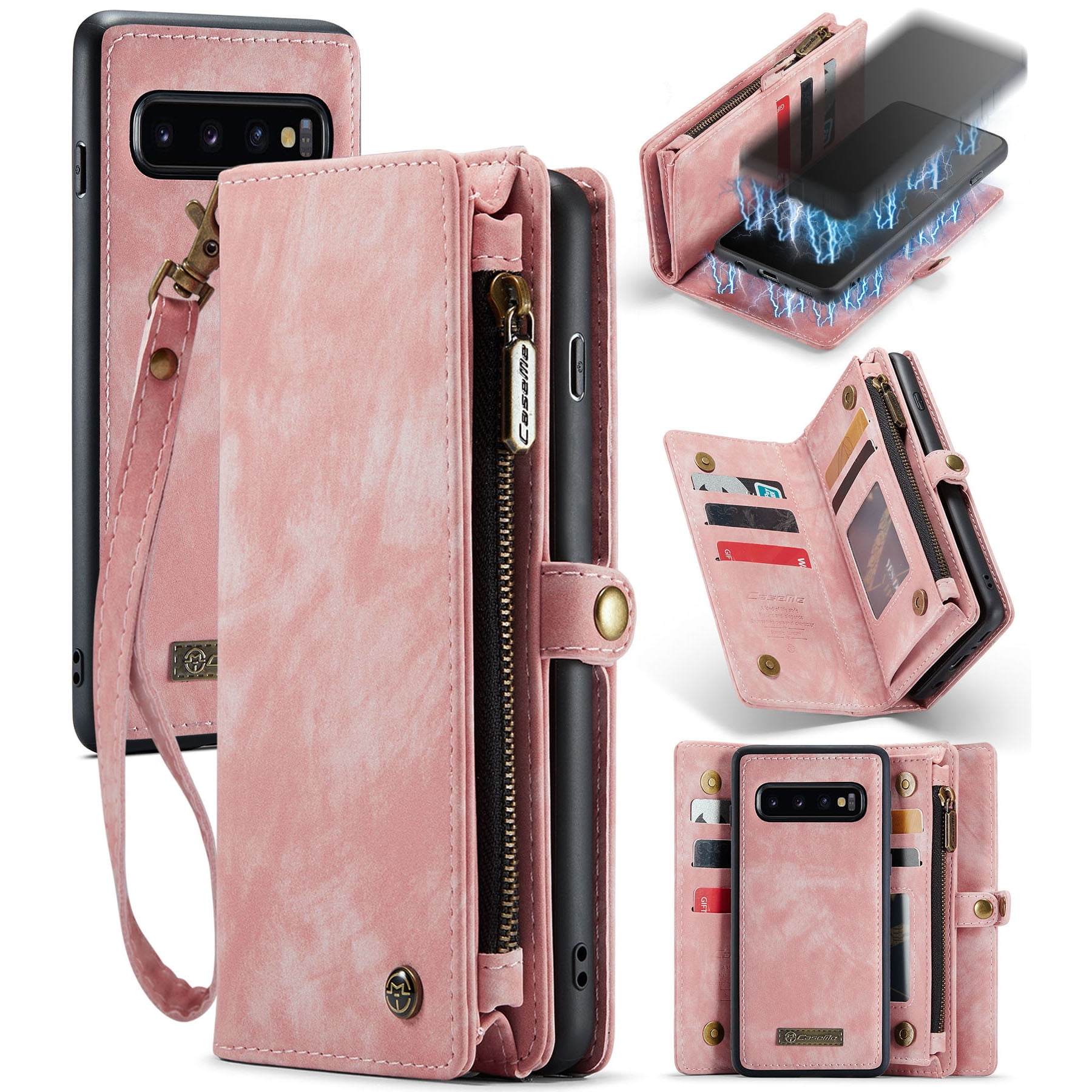 For Samsung Galaxy S10 Wallet Case,Multi-Functional Retro Leather Purse Flip Cover Zipper Wallet Case with Removable Card Slots Pocket & Detachable Wrist Strap Magnetic Phone Case, Pink
