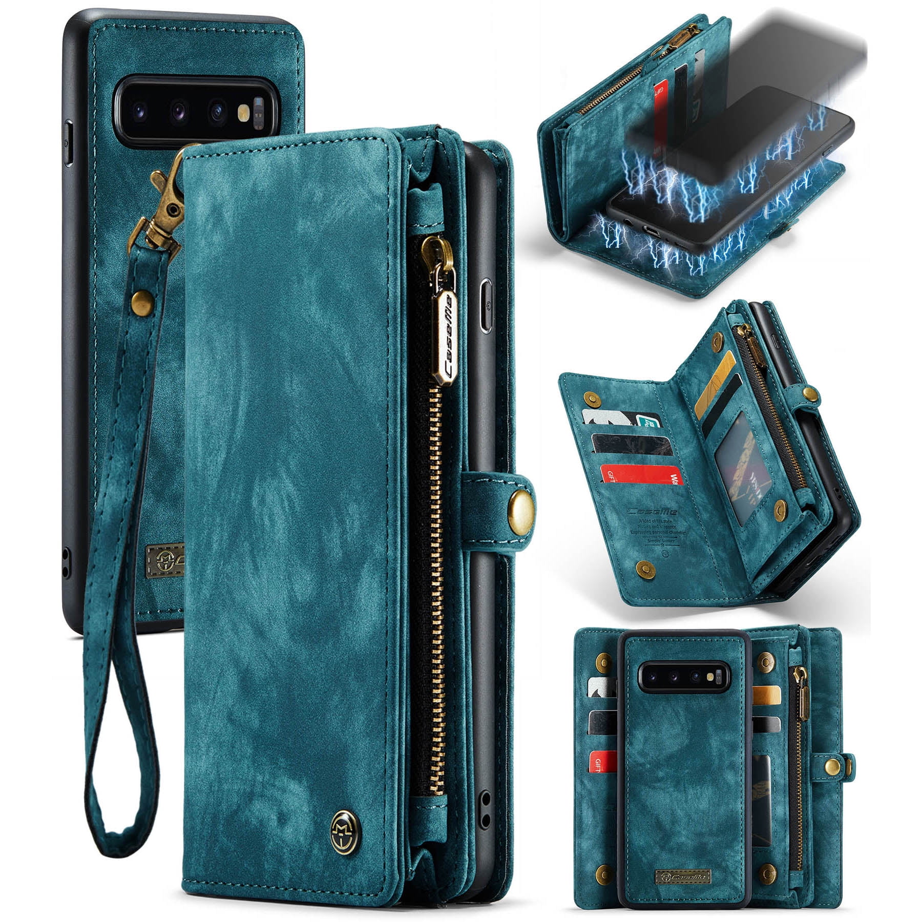 For Samsung Galaxy S10 Wallet Case,Multi-Functional Retro Leather Purse Flip Cover Zipper Wallet Case with Removable Card Slots Pocket & Detachable Wrist Strap Magnetic Phone Case, Green