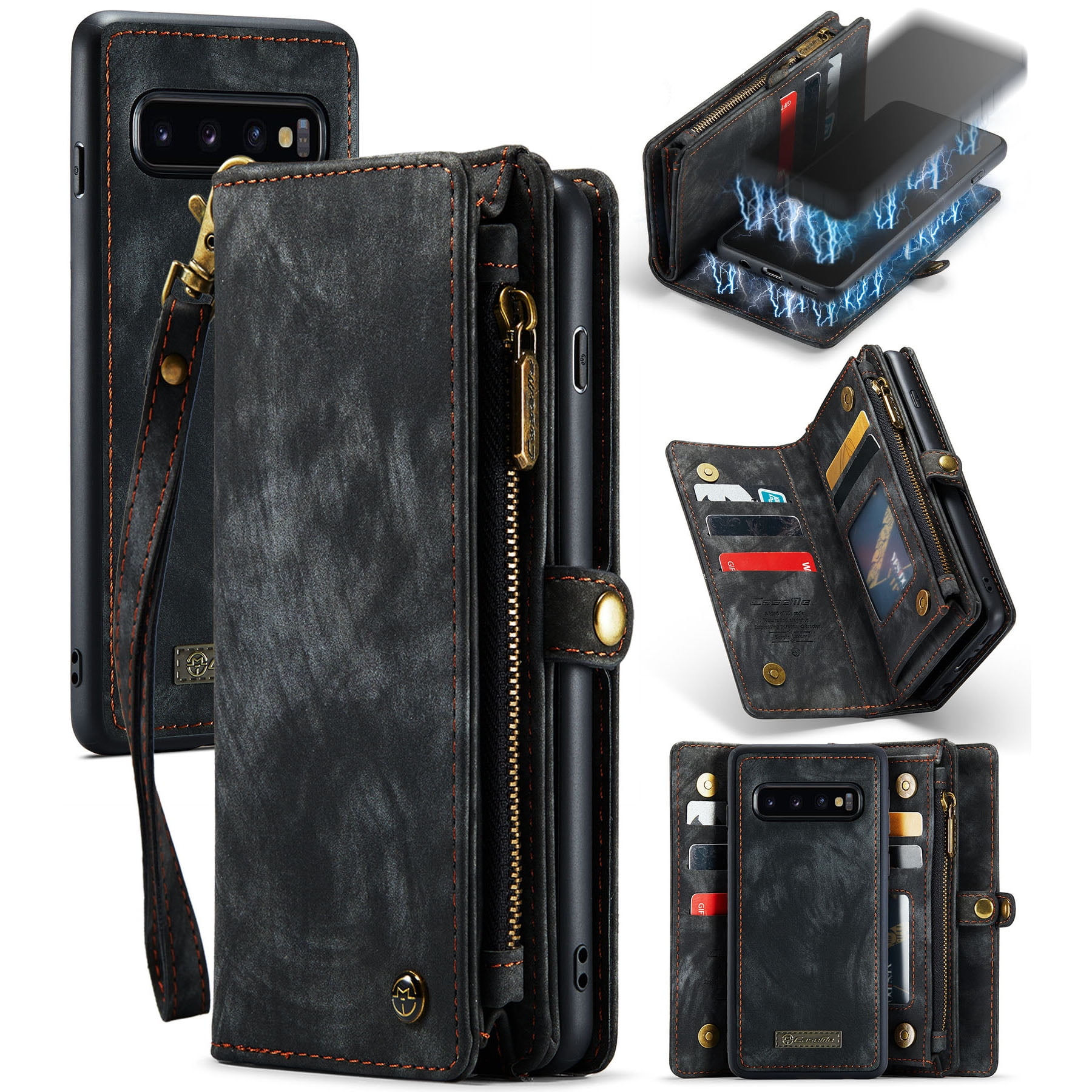 For Samsung Galaxy S10 Wallet Case,Multi-Functional Retro Leather Purse Flip Cover Zipper Wallet Case with Removable Card Slots Pocket & Detachable Wrist Strap Magnetic Phone Case, Black
