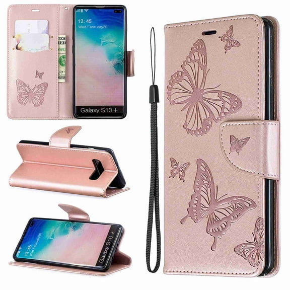 For Samsung Galaxy S10e, Dteck Butterfly Patterned Cover PU Leather Magnetic Flip Card Slots Stand Wallet Protective Case With Hand Strap, pink