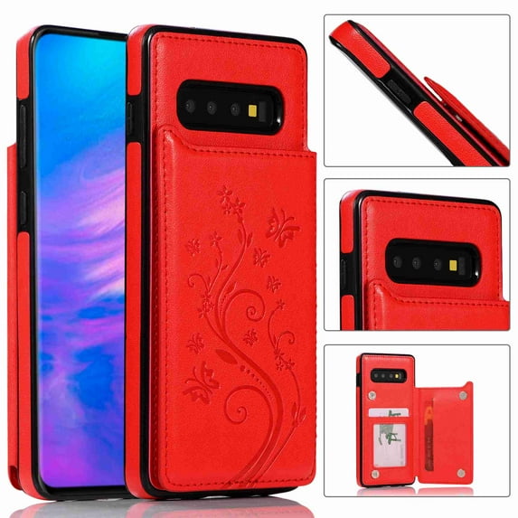 For Samsung Galaxy S10e,Dteck Retro Flower Patterned PU Leather Back Card Wallet Flip Stand Cover,red