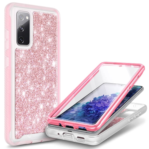 For Samsung Galaxy S20 FE 5G Case, with Built-in Screen Protector, Nagebee Full-Body Protective Rugged Bumper Cover, Shockproof Durable Case (Pink Glitter)