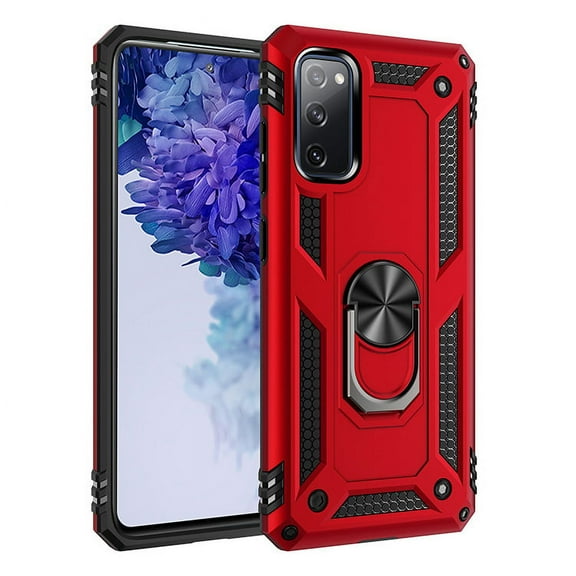 For Samsung Galaxy S20 FE Case, Hybrid Rugged Shockproof Ring Holder Kickstand Magnetic Car Mount Protective Cover, Red