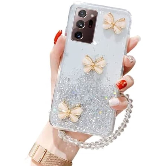 For Samsung Galaxy S20 White Smart Shockproof Glitter Crystal butterfly Wrist Strap Cover Case