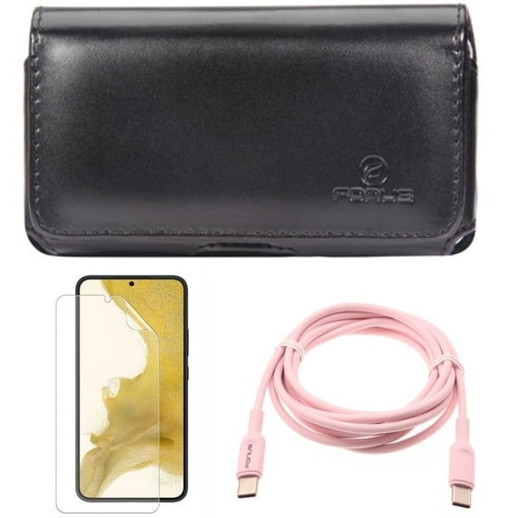 For Samsung Galaxy S21 (6.2") - Anti-Glare TPU Film Matte Screen Protector + Swivel Leather Case Belt Clip + PD Fast Charger USB-C to Type-C Pink 6ft Long Cable