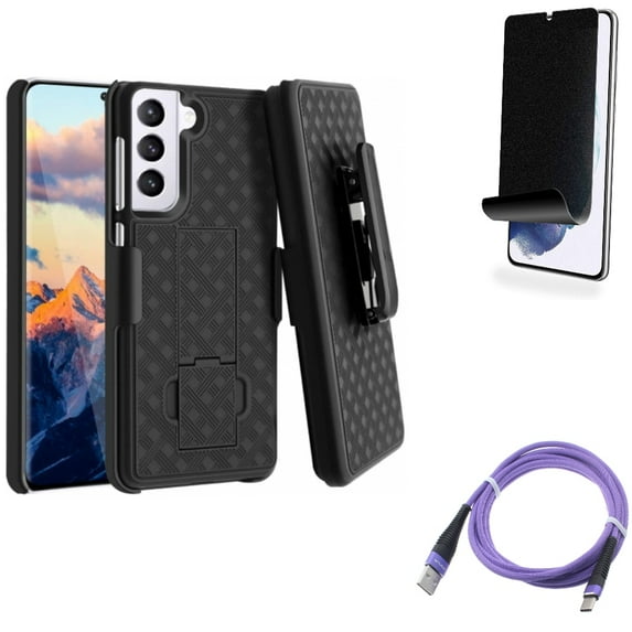 For Samsung Galaxy S21 (6.2") - [Fingerprint Works] TPU Film Privacy Screen Protector + Swivel Holster Case Belt Clip + Type-C Purple 6ft USB Cable