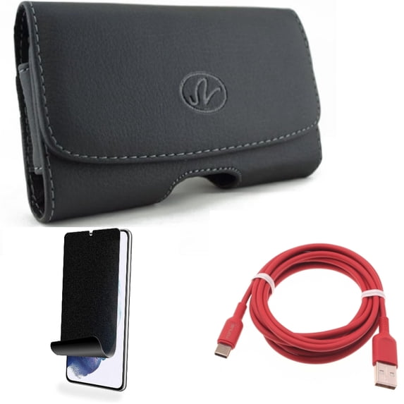 For Samsung Galaxy S21 (6.2") - Swivel Leather Case Belt Clip + Charger Cord Red 6ft USB-C Cable + [Fingerprint Works] TPU Film Privacy Screen Protector
