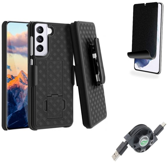 For Samsung Galaxy S21 (6.2") - Type-C Retractable USB Cable + [Fingerprint Works] TPU Film Privacy Screen Protector + Swivel Holster Case Belt Clip