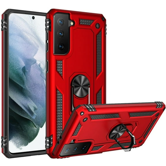 For Samsung Galaxy S21 FE Ring Magnetic Kickstand Hybrid Case Cover - Red