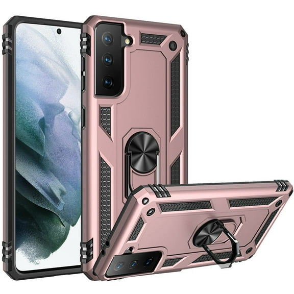 For Samsung Galaxy S21 FE Ring Magnetic Kickstand Hybrid Case Cover - Rose Gold