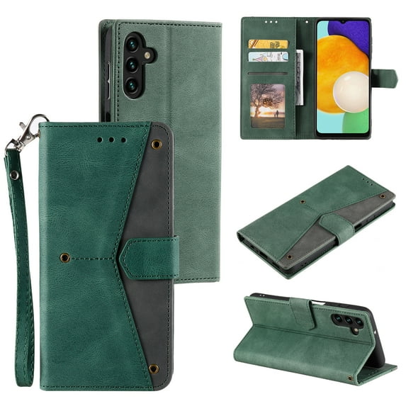 For Samsung Galaxy S21 FE Wallet Case with Wrist Strap, Premium PU Leather Flip Protective Cover RFID Blocking Card Holder & Cash Slot,Magnetic Closure Flip Kickstand Function for Men Women,Green