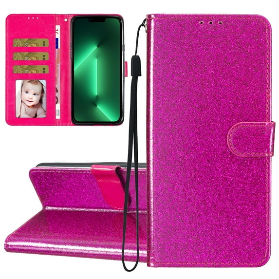 For Samsung Galaxy S21 Ultra Case Bling Glitter Shiny Magnetic Closure Luxury PU Leather RFID Blocking Wallet Card Holder Hand Strap Folio Kickstand Flip Case Women Girls, Rose