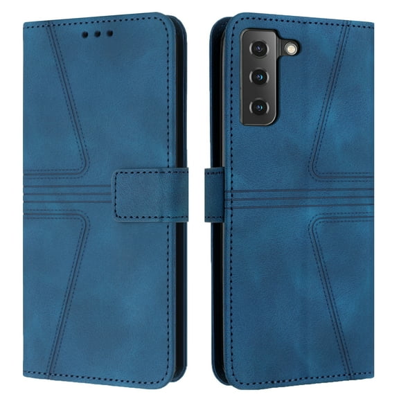 For Samsung Galaxy S21 Wallet Case,Leather Flip Case RFID Blocking Credit Card Holder Folio Magnetic Stand TPU Interior Shockproof Cover Color Matching With Wrist Strap,Blue