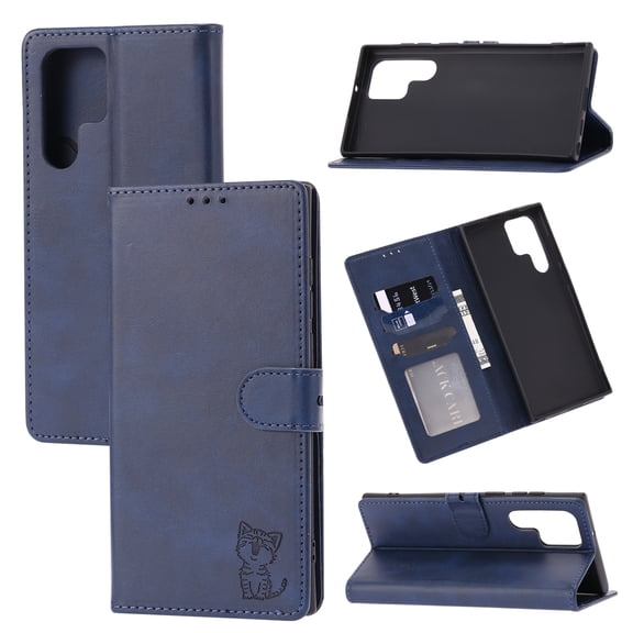 For Samsung Galaxy S22 Ultra 5G Embossed Happy Cat Pattern Leather Phone Case
