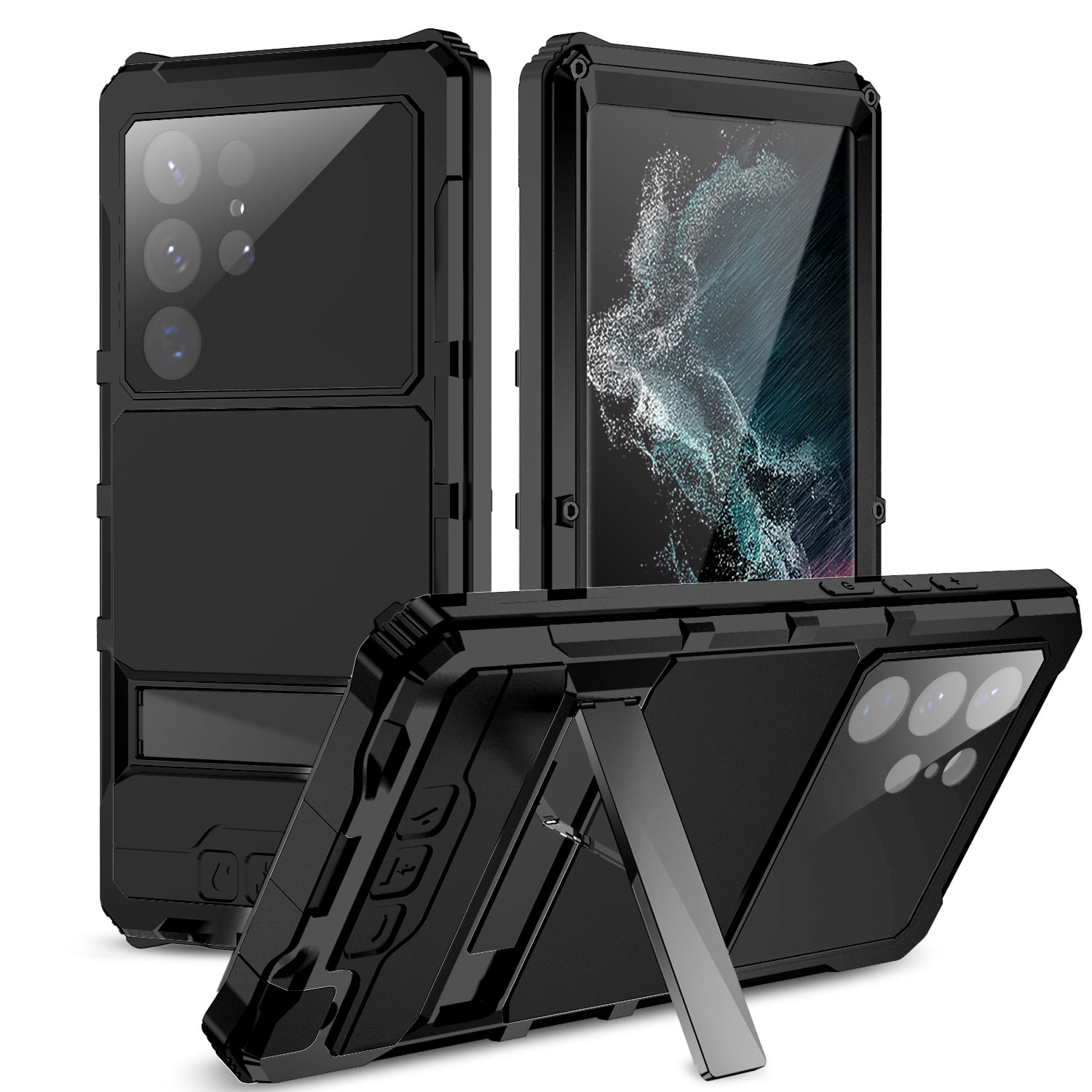 For Samsung Galaxy S22 Ultra Case, 360 Full Body Cover with Kickstand Heavy Duty Shockproof [Tough Armour] Aluminum Alloy Metal Case with Silicone Built-in Screen Protector,
Black