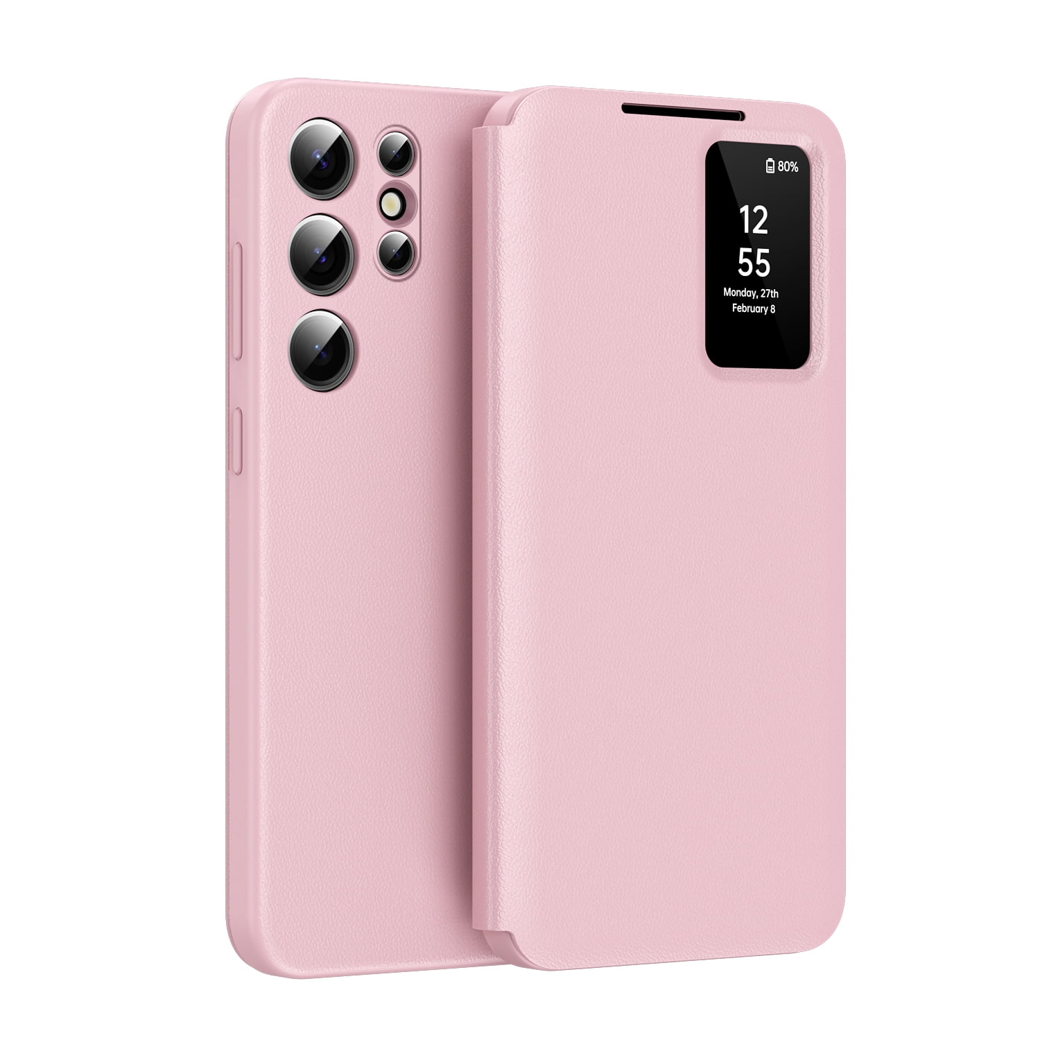 For Samsung Galaxy S22 Ultra Case PU Leather Flip Case,With Intelligent Window,With Card Holder,Anti-fall Rugged Shockproof Protective Phone Case Cover for Samsung Galaxy S22 Ultra,Pink