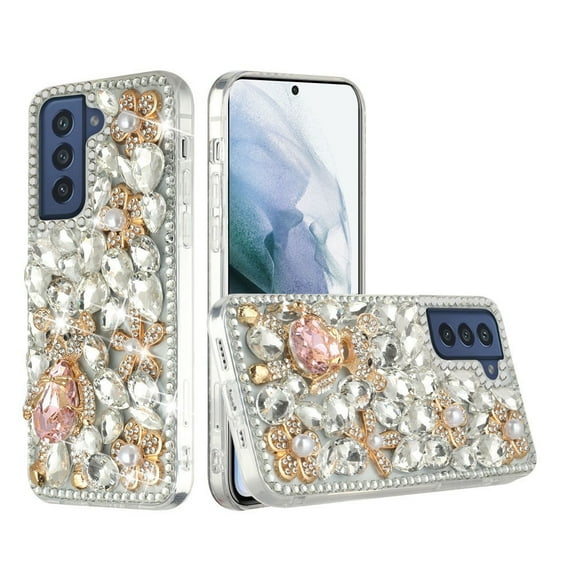 For Samsung Galaxy S22 Ultra Full Diamond with Ornaments Hard TPU Case Cover - Silver Panda Floral